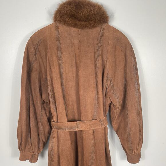 Vtg 70s Suede Trench Coat w/ Genuine Fox Fur Collar Women’s L Brown Aspen Chic - Picture 10 of 16